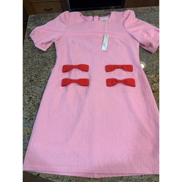 NWT SHE + SKY Tweed Mini Dress with Bow Detail, Pink, Size L, Party, Cocktail - Picture 1 of 9